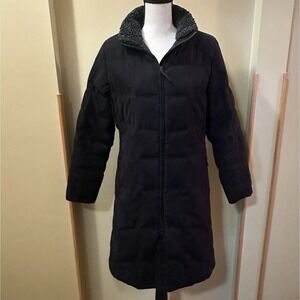 LL Bean Down Coat Womens Small Black Quilted Puffer Full Zip Sherpa Collar